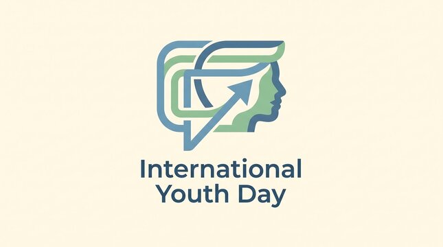 International Youth Day abstract logo design featuring a human head profile and upward arrow inside speech bubbles representing voice and communication