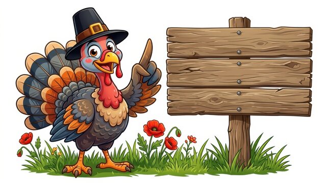 Cartoon thanksgiving turkey wearing a pilgrim hat pointing at a blank wooden sign board