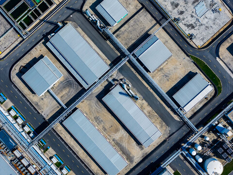industrial plant buildings and treatment tanks