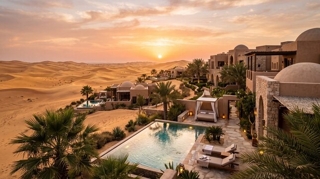 Luxury desert resort with private pool at sunset in the uae