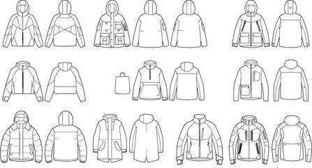 Fashion technical sketch collection of men and women outerwear winter jackets and parkas showing front and back views © Utpal