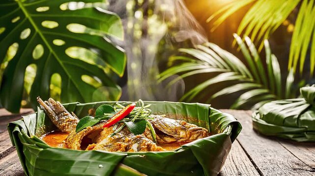 Fish Amok is prepared and served in a banana leaf bowl on a wooden table surrounded by greenery. The dish releases a pleasant aroma while sunlight filters through leaves