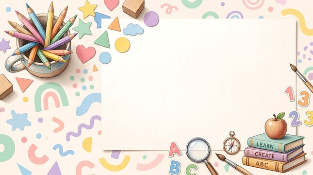 Back to school supplies border with blank paper for text or design