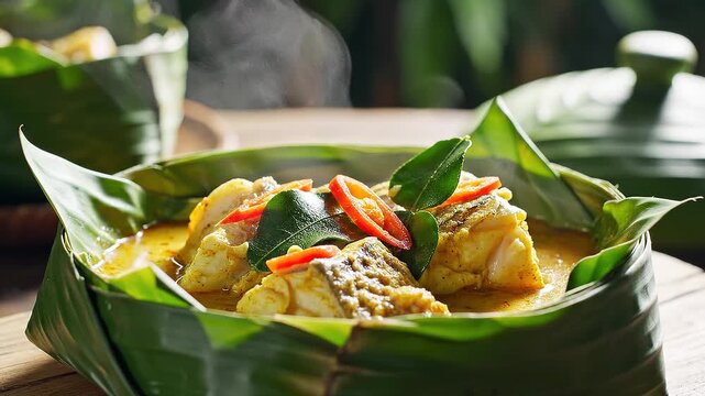 A close up view of traditional Cambodian Fish Amok being served in a banana leaf bowl. The dish features fish, coconut milk, and herbs. This is a popular meal in Cambodia