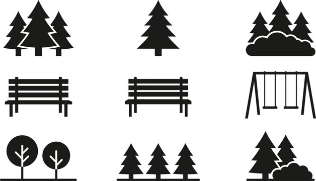 Park and forest nature icon set with pine trees bench swing bush and outdoor vectors