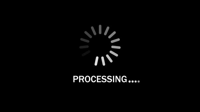 processing text with circular loading progress animation on black background. 4k video 