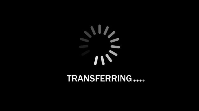 transferring text with circular loading progress animation on black background. 4k video 