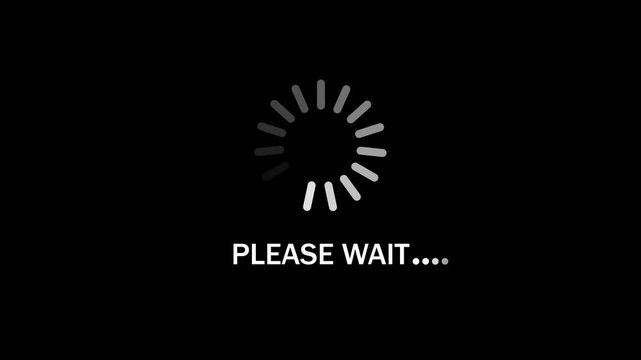 please wait text with circular loading progress animation on black background. 4k video 