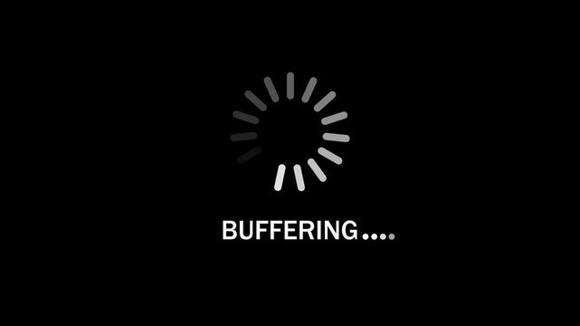 buffering text with circular loading progress animation on black background. 4k video 