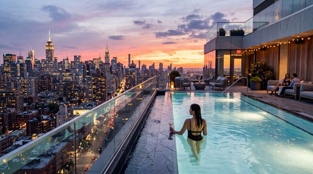 Luxury rooftop pool with new york city skyline at sunset