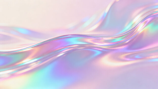 Iridescent, smooth waves of pastel colors create a shiny, fluid-like abstract background with a soft, dreamy, and futuristic aesthetic.