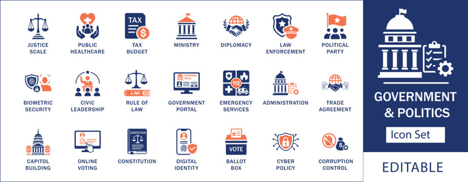 Government and politics solid icon set. Featuring civic leadership, online voting, tax budget, trade agreements, and law enforcement. Editable vector glyphs for public administration UI.