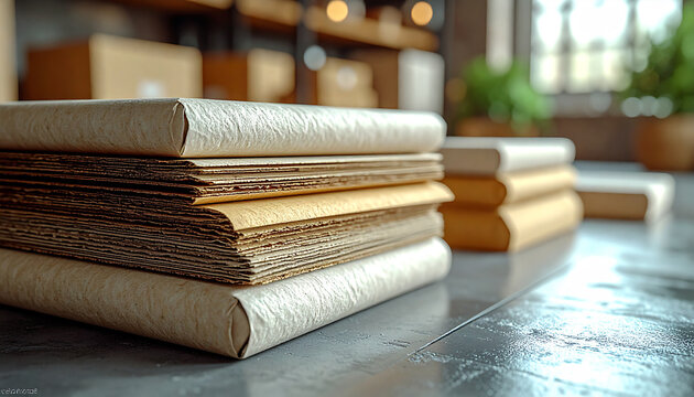 Vintage Notebook Stack: A rustic stack of vintage notebooks with textured paper and earthy tones rests on a polished surface, evoking a sense of nostalgia and creativity.