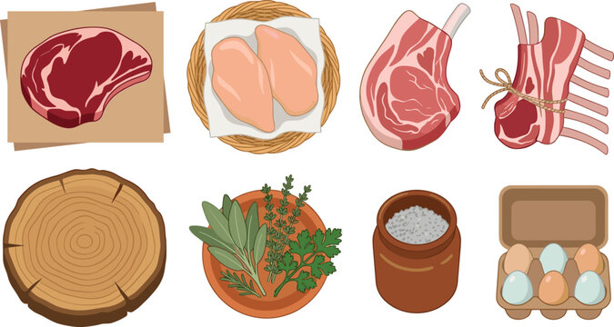 Raw Meat Ingredients Collection with Beef Steak, Chicken Breast, Lamb Chops, Rack of Lamb, Farm Eggs, Fresh Herbs, Sea Salt, and Rustic Butcher Vector Illustration