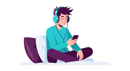 Fototapeta premium Man Listening to Music with Headphones and Smartphone while Relaxing on Bed Flat Vector Illustration