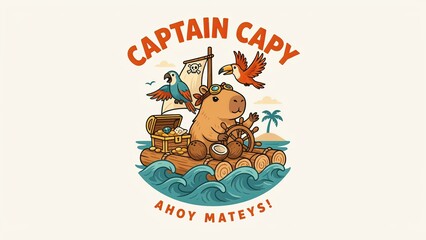 Fototapeta premium Capybara dressed as a sea captain navigates a wooden raft carrying treasure across the tropical ocean waters.