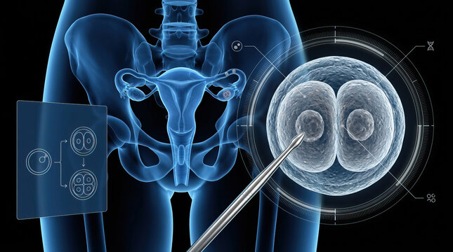 Fertility clinic embryo reproductive system uterus egg cell fertilization microscope digital scan medical illustration showing uterus and ovaries with embryo microscope, assisted reproduction lab
