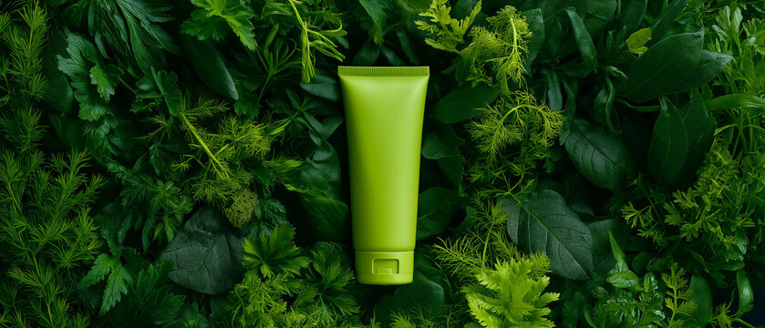 Natural Skincare: A minimalist composition featuring a vibrant green tube of skincare product nestled amongst a rich tapestry of lush green leaves and organic foliage.