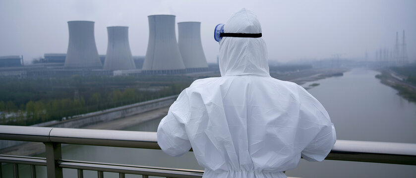 Industrial Scrutiny: A person in hazmat suit stands overlooking a vast industrial complex with cooling towers and a river, emphasizing environmental concerns and worker safety in a stark.
