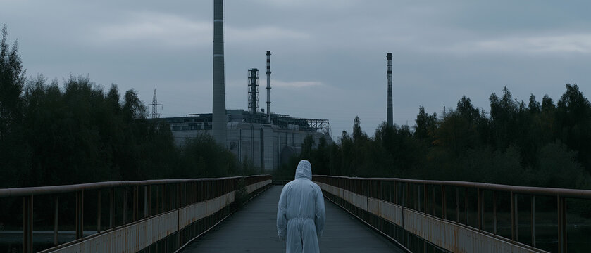 Chernobyl Exclusion Zone: A lone figure in a hazmat suit walks on a bridge towards the imposing Chernobyl Nuclear Power Plant, shrouded in an eerie, desolate atmosphere.