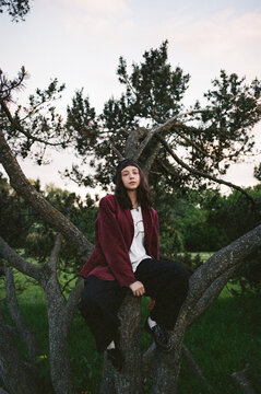 Woman sits on a tree branch in a green area during the day
