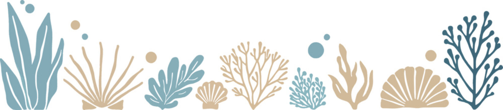 Elegant Boho Under the Sea Floral Border Set Hand Drawn Vector Marine Coral Reef Seaweed Kelp Ocean Plant Leaves and Seashell Ornaments Decorative Seamless Horizon Element for Summer Coast Beach Weddi