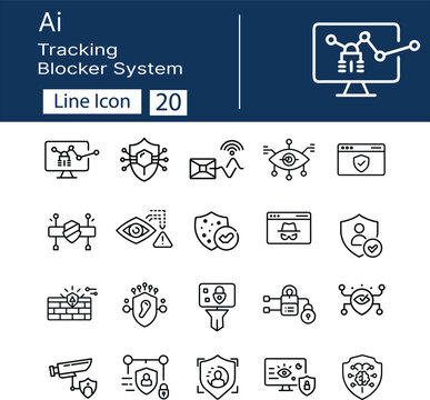 Artificial intelligence tracking blocker system icons with security and privacy concepts