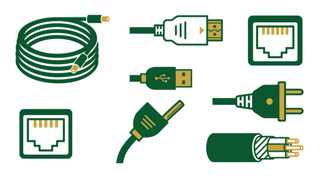 Various Electronic Cables and Connectors: HDMI, USB, Ethernet, Power Plug