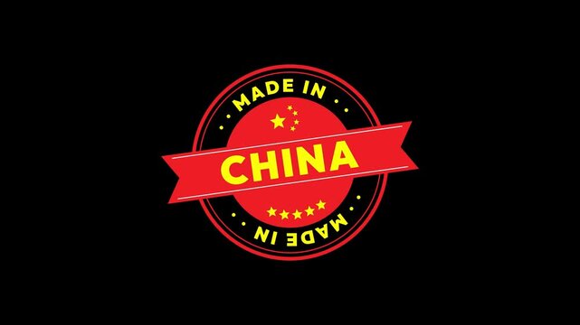 Made in China Rubber Stamp Seal Animation on Black Background. 4K Video