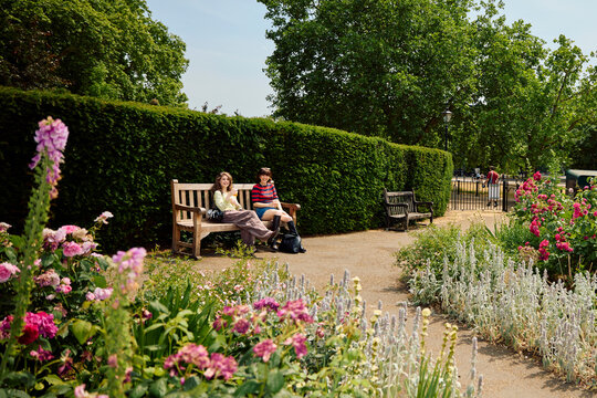 Friends relish a sunny day in a city park filled with flowers.