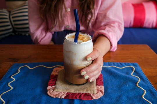 Iced Coffee on Blue Table