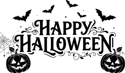 Happy halloween hand lettered typography with pumpkins and bats illustration © RIMON