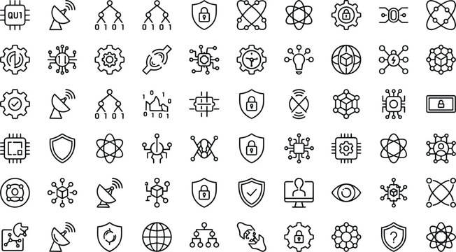 Artificial Intelligence and Cybersecurity Outline Icon Set Featuring AI, Machine Learning, Data Protection, Network, Cloud Computing, and Technology Symbols