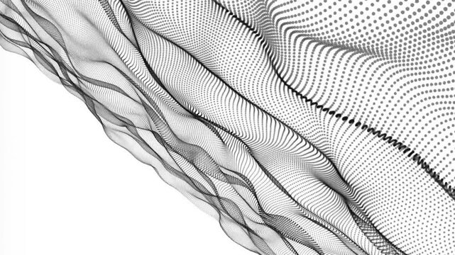 Abstract flowing wave motion consisting of numerous digital dots forming a smooth white texture on a bright background