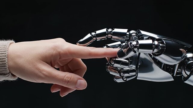 Human and robotic fingers touching in dark space.