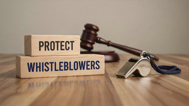 Protect Whistleblowers Legal Concept with Judge Gavel and Whistle on Desk