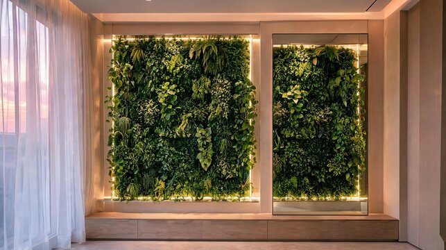 Lush vertical garden wall featuring vibrant green foliage and warm ambient lighting in modern interior space