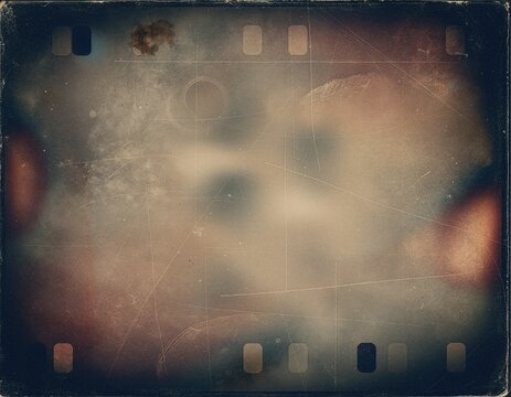Deteriorated dark film strip frame reveals scratched grainy emulsion, dust spots, and warm light leak streaks