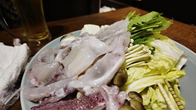Japanese Fugu Pufferfish Hot Pot Ingredients Platter with Vegetables