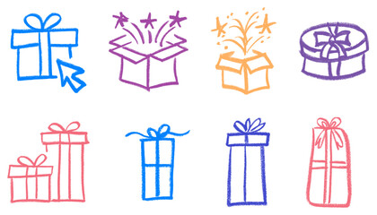 Gift Icons Crayon Chalk Drawing Doodle Vector Set © Grunge Designs