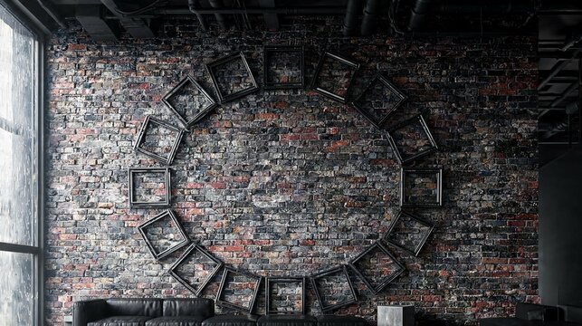 Decorative empty black picture frames arranged in a large circle on a dark rustic brick wall
