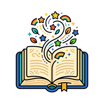 Open magic book with floating stars and rainbows. Fantasy story concept vector icon.