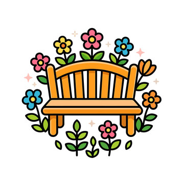 Wooden park bench with colorful flowers. Garden seat icon for spring and nature design.