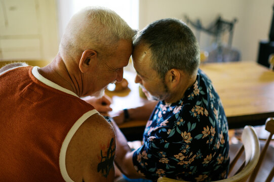 happy retired lgbtq couple in love at home