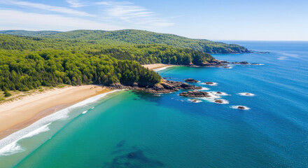 Fototapeta premium An aerial view of a secluded sandy beach meeting the lush green forest and the deep blue Atlantic ocean under a clear sky, showcasing the rugged coastline of Nova Scotia during a bright summer day.