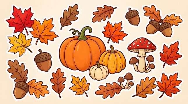 Autumn harvest illustration with pumpkins leaves and mushrooms