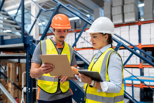 Warehouse workers collaborating on logistics inventory management