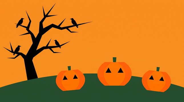 Minimalist Halloween illustration featuring three pumpkins and crows on a bare tree, ideal for seasonal festive web banners.