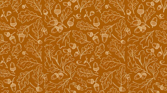 Autumn oak leaf and acorn seamless pattern on warm brown background