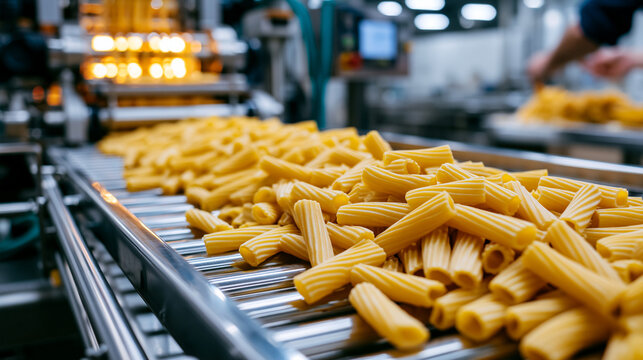 Close up of freshly produced rigatoni pasta moving along a stainless steel conveyor belt in a modern industrial food production facility, automated pasta manufacturing, hygienic processing line, rea